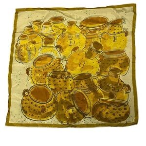 VERA Vintage Silk Scarf with Pottery Theme, Gold & Clay w/ Turquoise, 30x30” Sq.